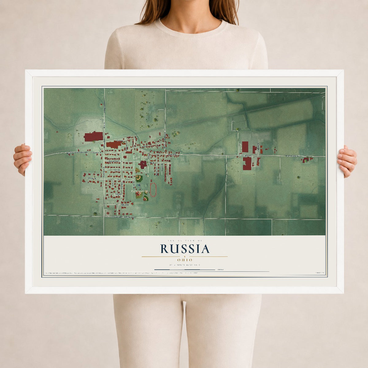 Map of Russia, Ohio, 24 x 36 inch print in a white wood frame