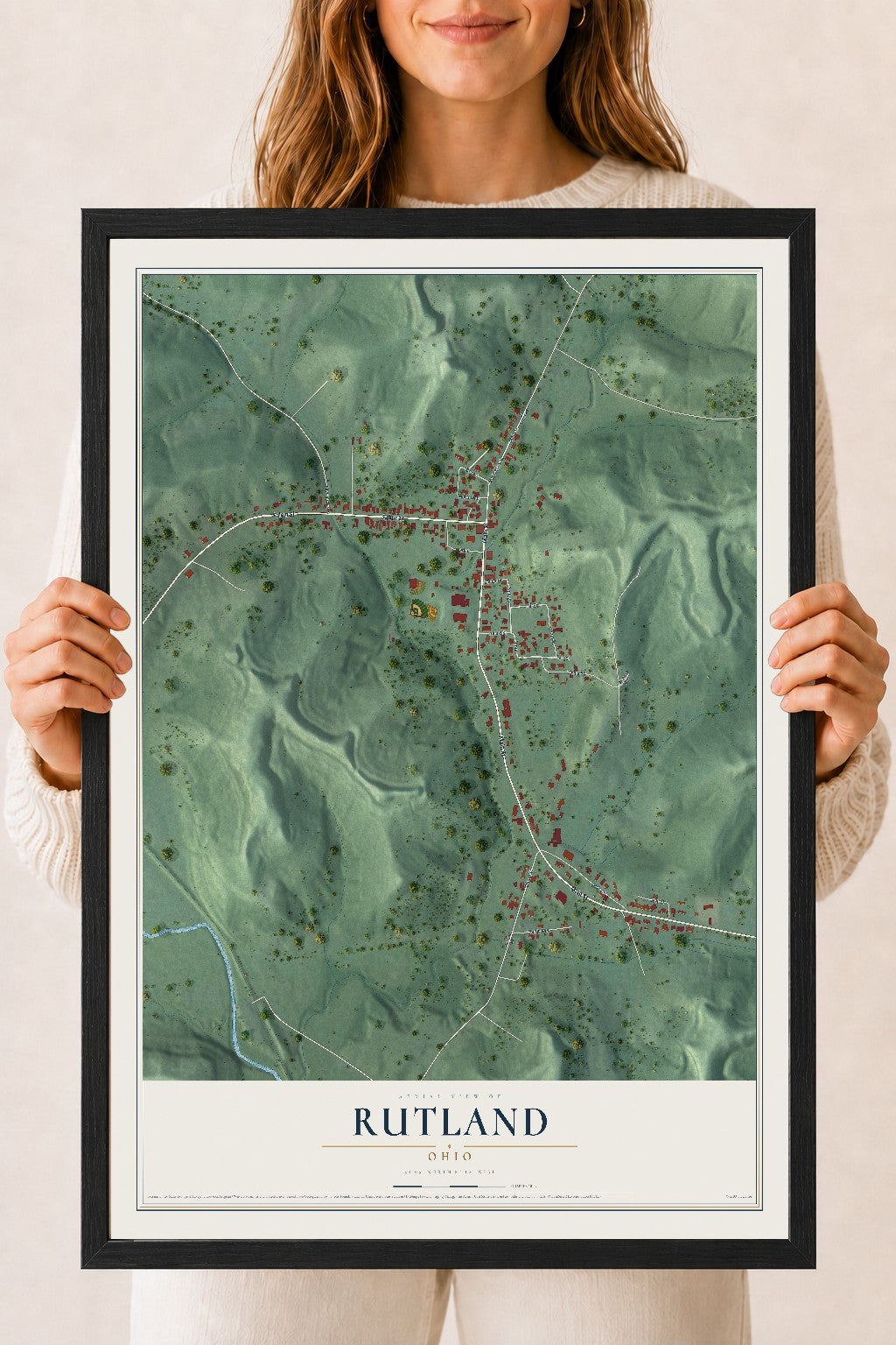 Map of Rutland, Ohio, 18 x 24 inch print in a black wood frame