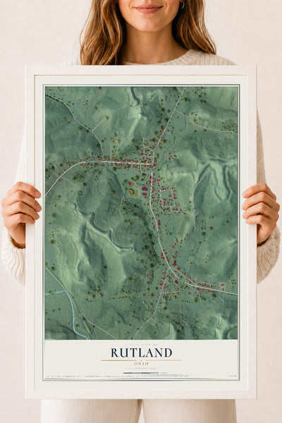 Map of Rutland, Ohio, 18 x 24 inch print in a white wood frame