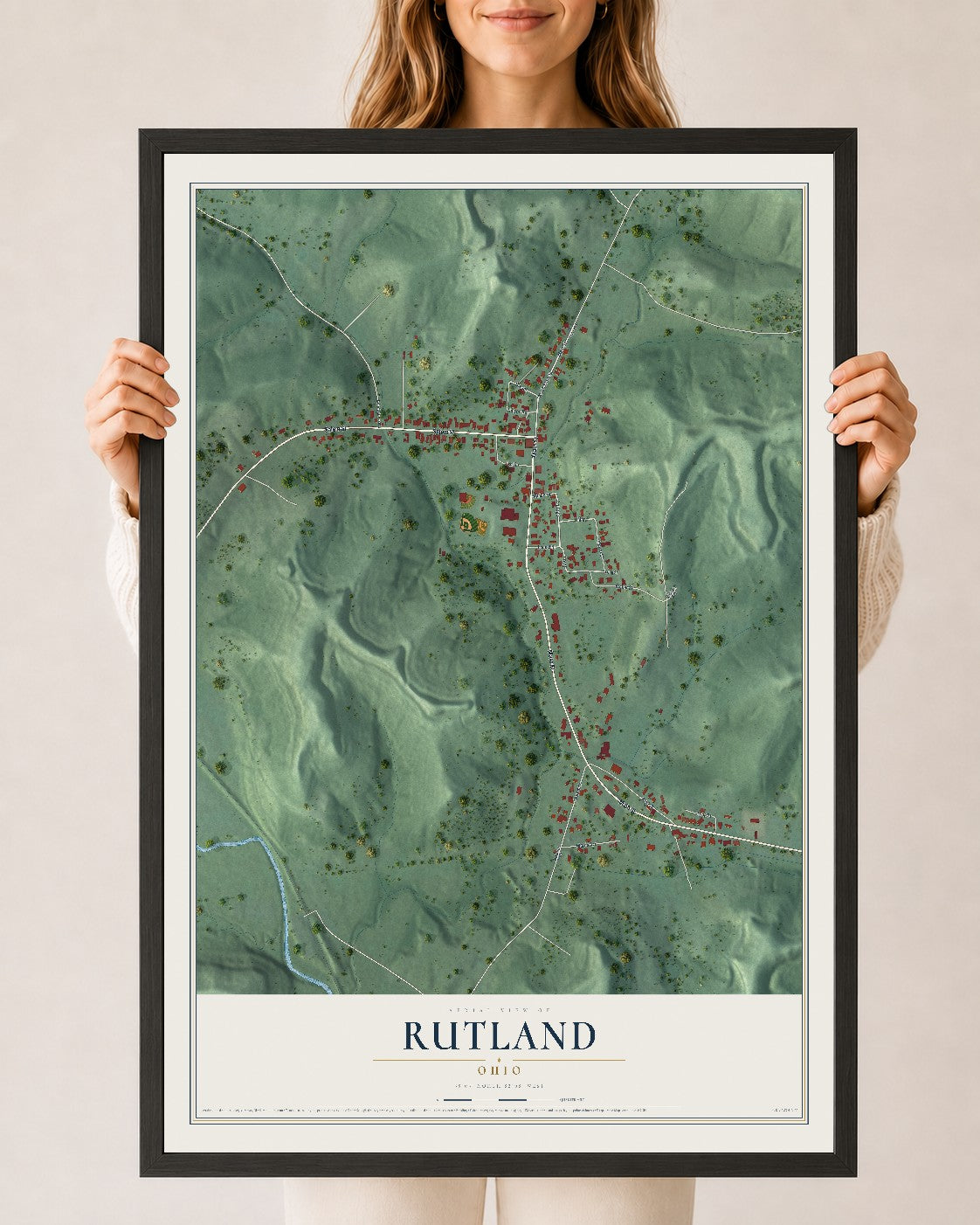 Map of Rutland, Ohio, 24 x 36 inch print in a black wood frame
