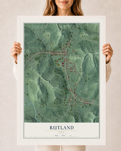 Map of Rutland, Ohio, 24 x 36 inch print in a white wood frame