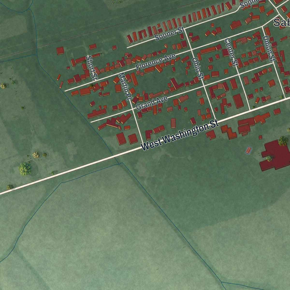 Second close-up of the map of Sabina, Ohio print showing more streets and buildings