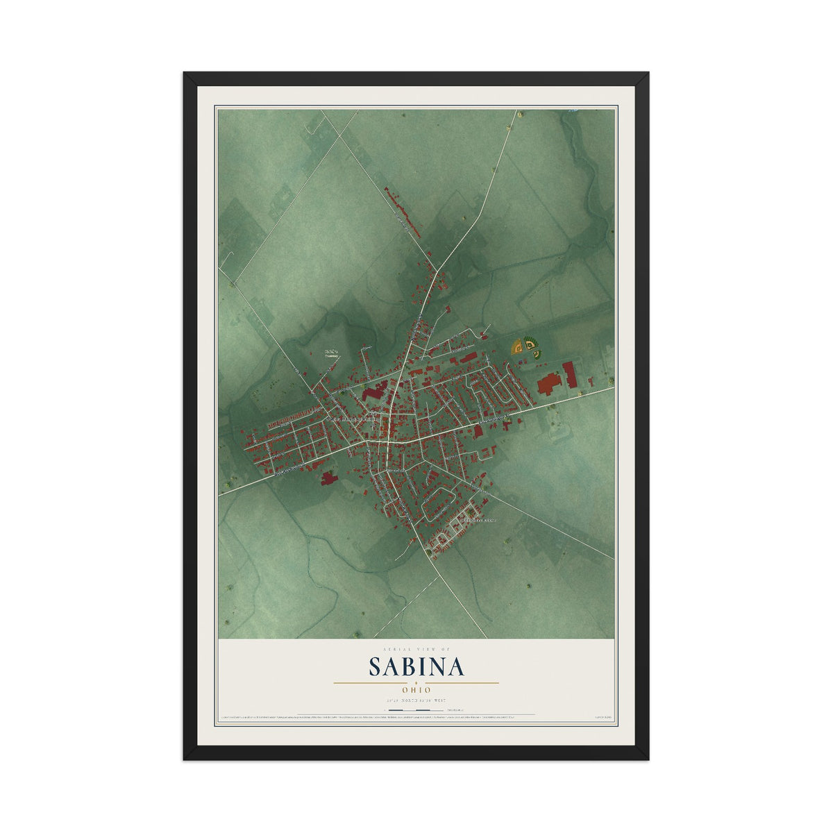 Map of Sabina, Ohio, 12 x 18 inch print in a black wood frame