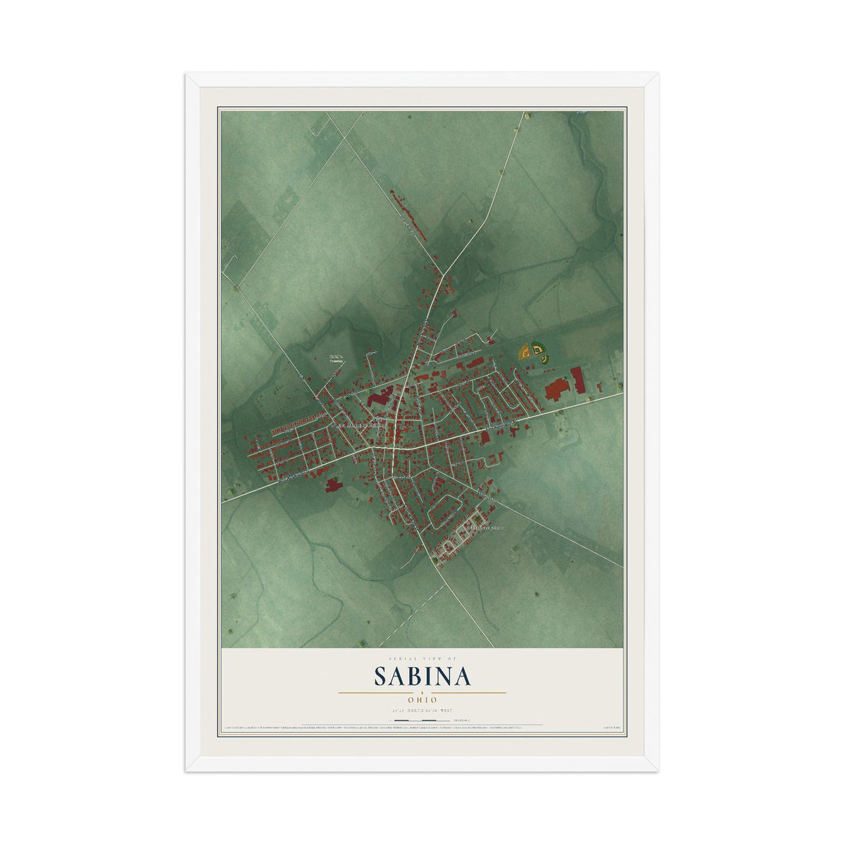 Map of Sabina, Ohio, 12 x 18 inch print in a white wood frame