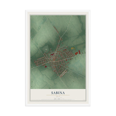 Map of Sabina, Ohio, 12 x 18 inch print in a white wood frame