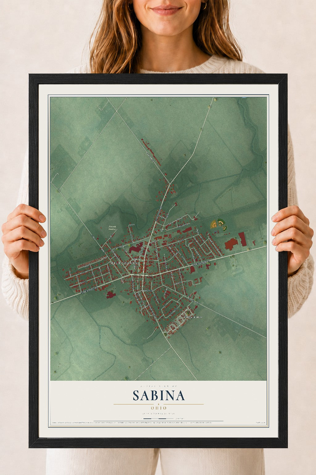 Map of Sabina, Ohio, 18 x 24 inch print in a black wood frame