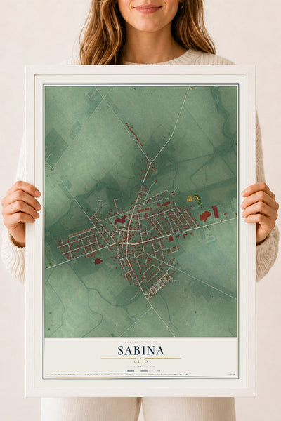 Map of Sabina, Ohio, 18 x 24 inch print in a white wood frame