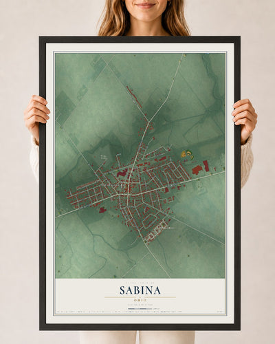 Map of Sabina, Ohio, 24 x 36 inch print in a black wood frame