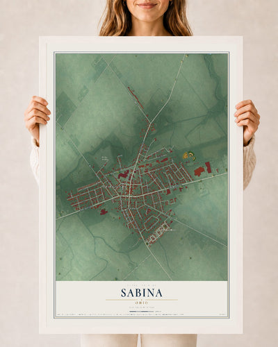 Map of Sabina, Ohio, 24 x 36 inch print in a white wood frame