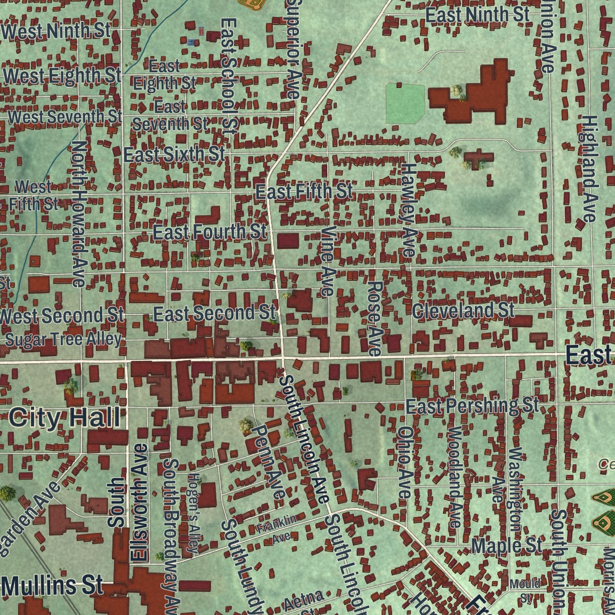 Close-up of the map of Salem, Ohio print showing street and building detail