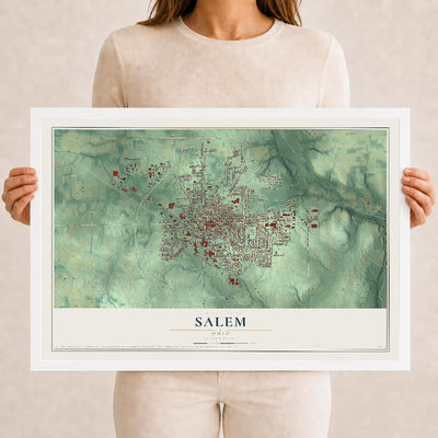 Map of Salem, Ohio, 12 x 18 inch print in a white wood frame