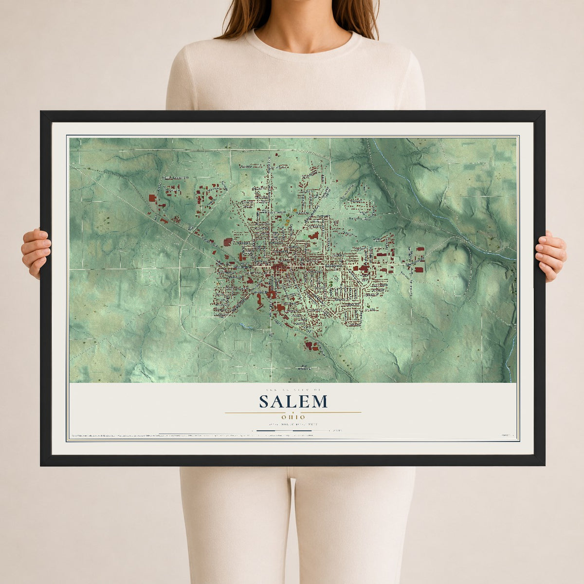 Map of Salem, Ohio, 24 x 36 inch print in a black wood frame