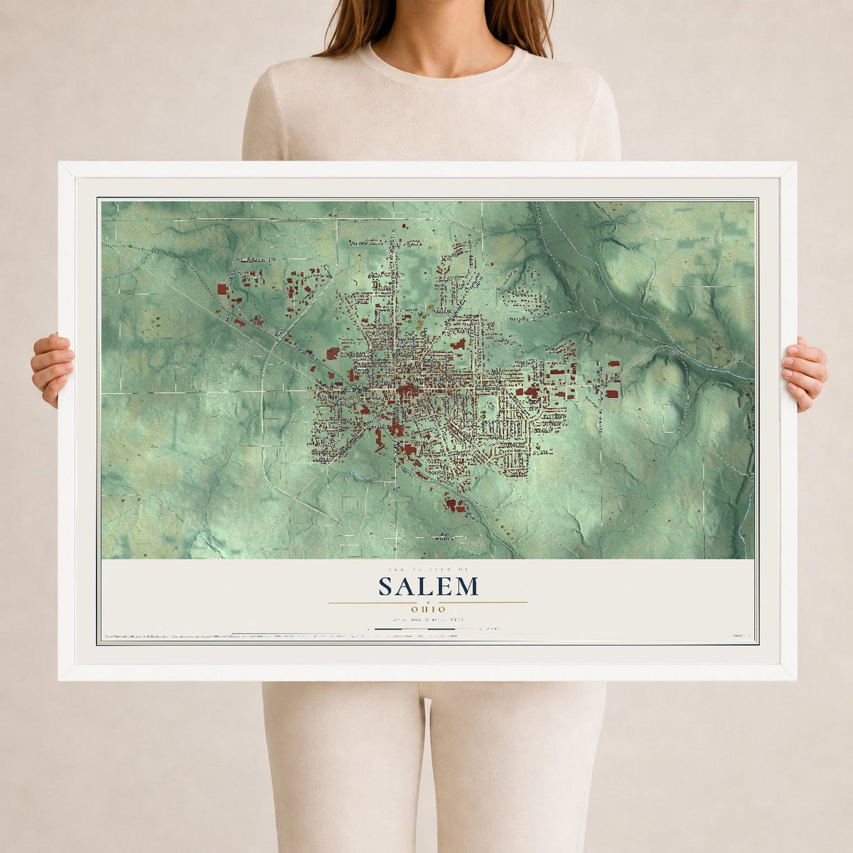 Map of Salem, Ohio, 24 x 36 inch print in a white wood frame
