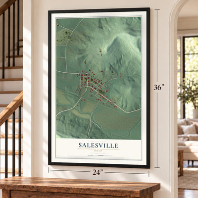 Salesville, Ohio map, 24 x 36 inch print in a black frame by a staircase
