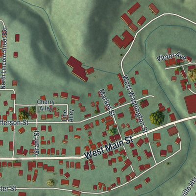 Close-up of the map of Salineville, Ohio print showing street and building detail