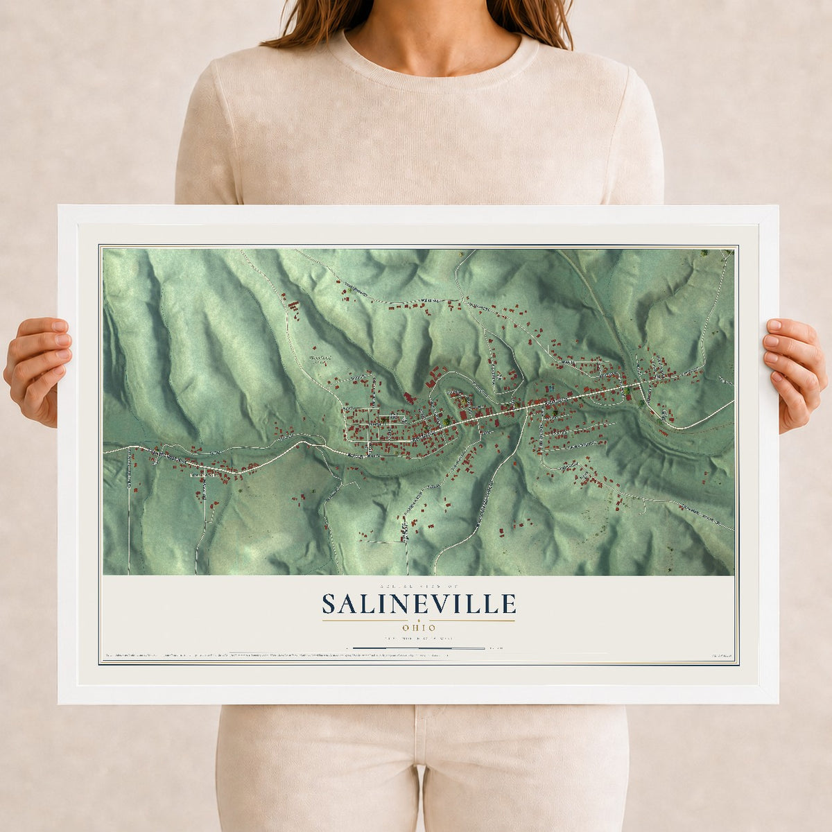 Map of Salineville, Ohio, 12 x 18 inch print in a white wood frame