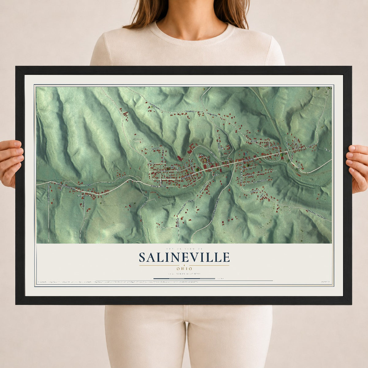 Map of Salineville, Ohio, 18 x 24 inch print in a black wood frame