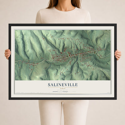 Map of Salineville, Ohio, 24 x 36 inch print in a black wood frame