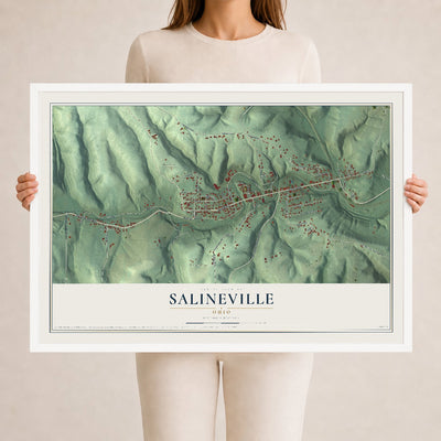 Map of Salineville, Ohio, 24 x 36 inch print in a white wood frame