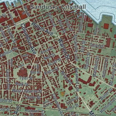 Close-up of the map of Sandusky, Ohio print showing street and building detail