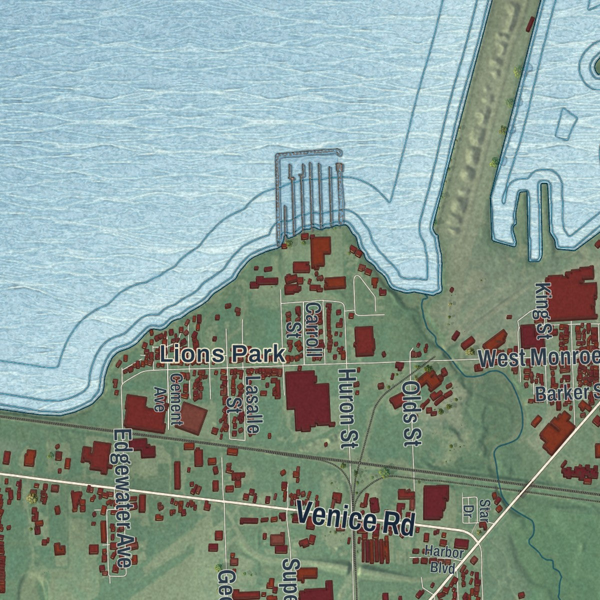Second close-up of the map of Sandusky, Ohio print showing more streets and buildings