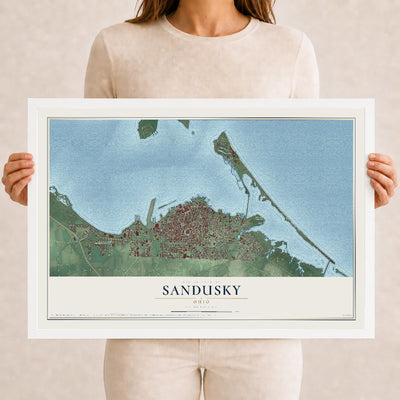 Map of Sandusky, Ohio, 12 x 18 inch print in a white wood frame