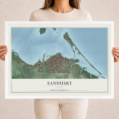 Map of Sandusky, Ohio, 18 x 24 inch print in a white wood frame