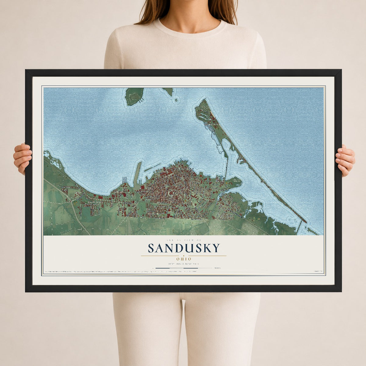 Map of Sandusky, Ohio, 24 x 36 inch print in a black wood frame