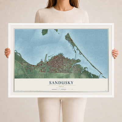 Map of Sandusky, Ohio, 24 x 36 inch print in a white wood frame