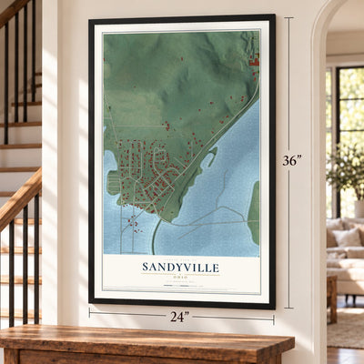 Sandyville, Ohio map, 24 x 36 inch print in a black frame by a staircase