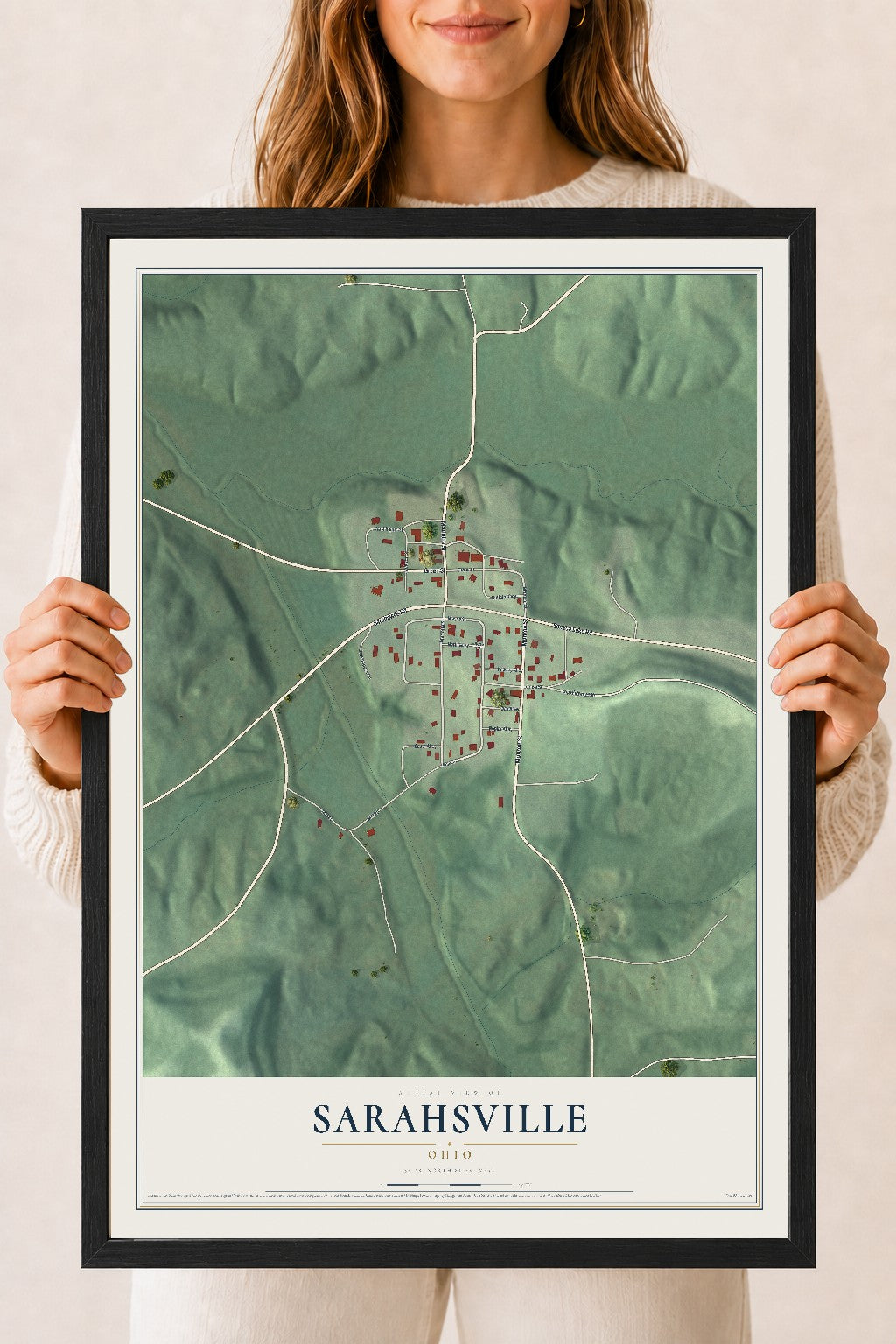 Map of Sarahsville, Ohio, 18 x 24 inch print in a black wood frame
