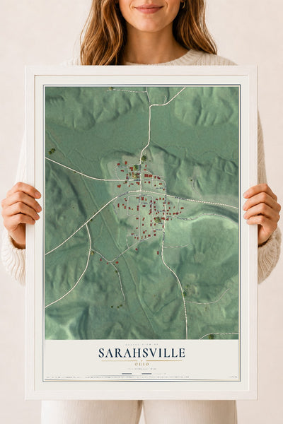 Map of Sarahsville, Ohio, 18 x 24 inch print in a white wood frame