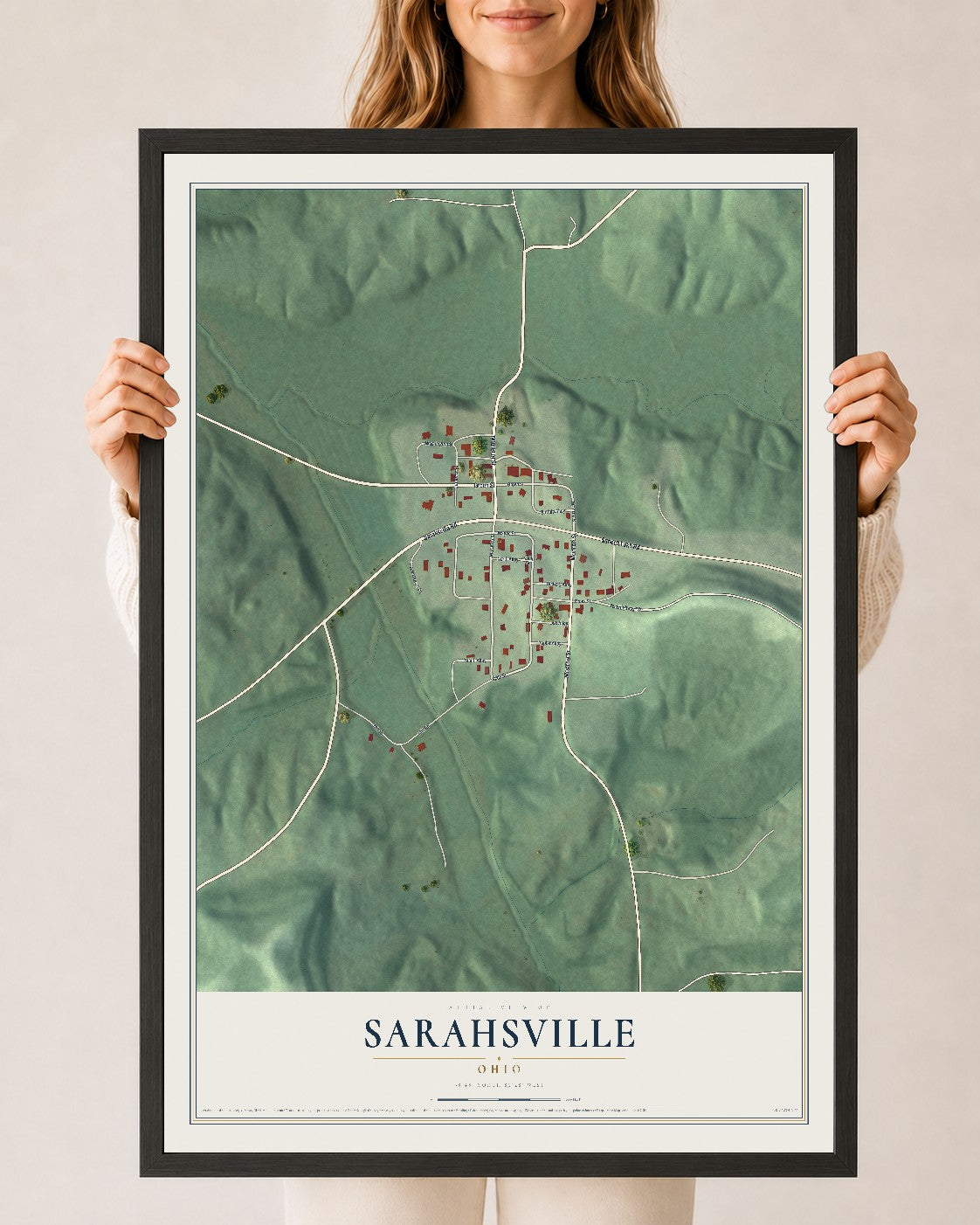Map of Sarahsville, Ohio, 24 x 36 inch print in a black wood frame