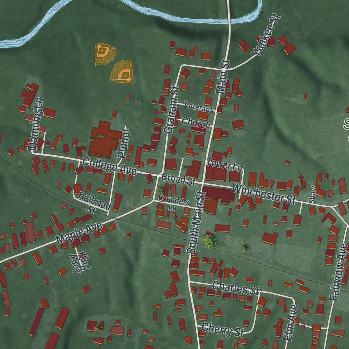Close-up of the map of Sardinia, Ohio print showing street and building detail