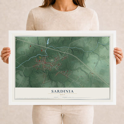 Map of Sardinia, Ohio, 12 x 18 inch print in a white wood frame