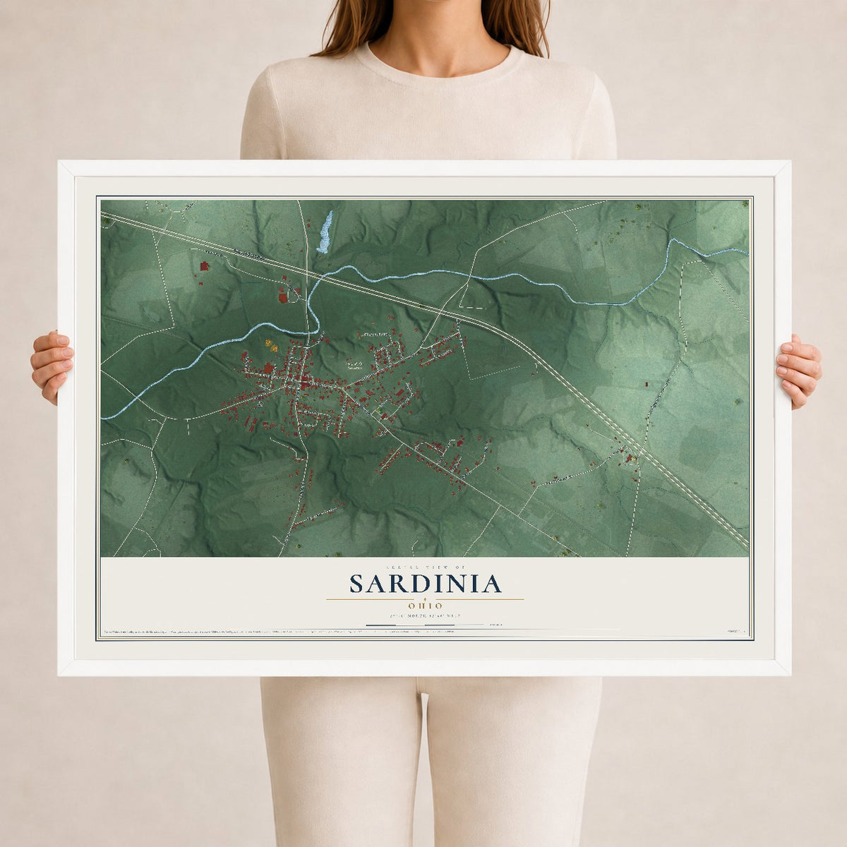 Map of Sardinia, Ohio, 24 x 36 inch print in a white wood frame