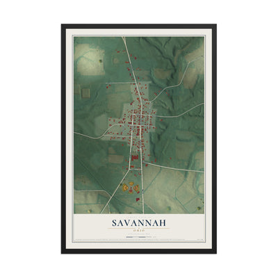 Map of Savannah, Ohio, 12 x 18 inch print in a black wood frame