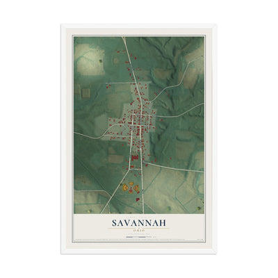 Map of Savannah, Ohio, 12 x 18 inch print in a white wood frame