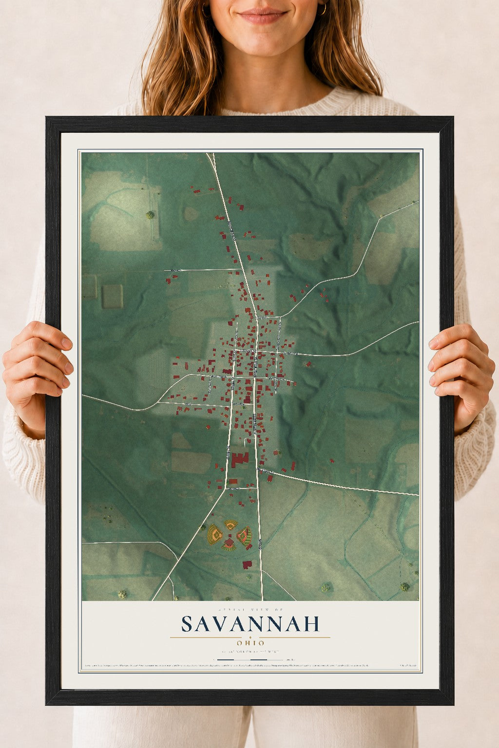 Map of Savannah, Ohio, 18 x 24 inch print in a black wood frame