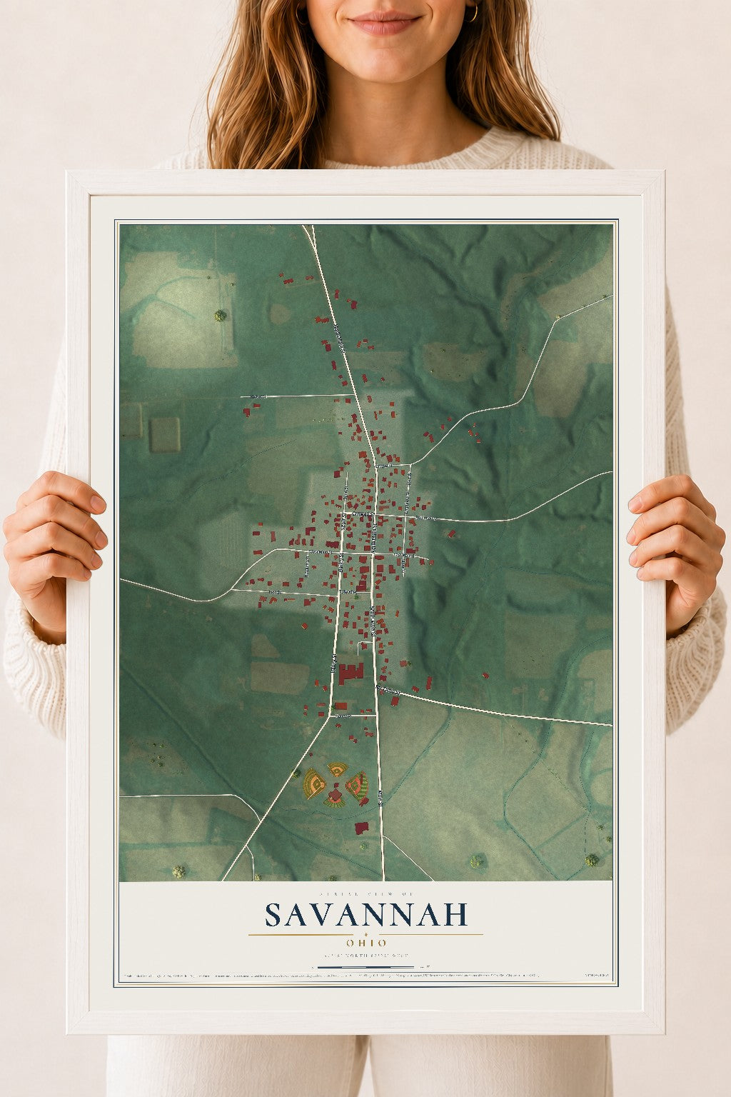 Map of Savannah, Ohio, 18 x 24 inch print in a white wood frame