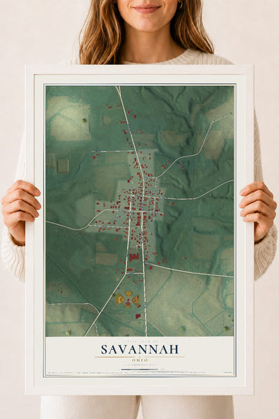 Map of Savannah, Ohio, 18 x 24 inch print in a white wood frame
