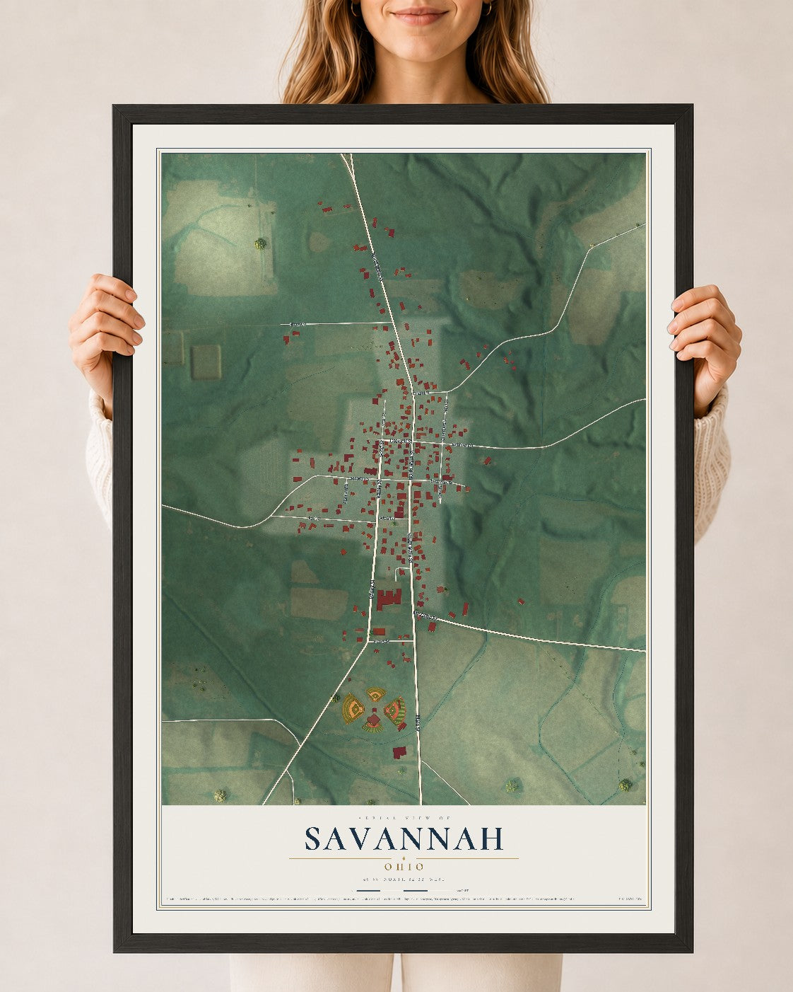 Map of Savannah, Ohio, 24 x 36 inch print in a black wood frame