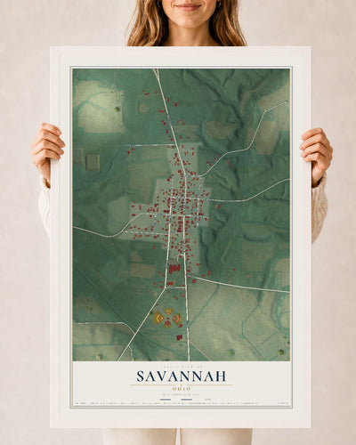 Map of Savannah, Ohio, 24 x 36 inch print in a white wood frame