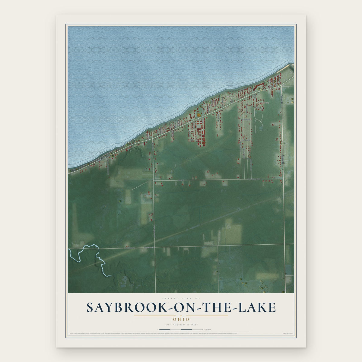 Saybrook-on-the-Lake, Ohio map print, the full design