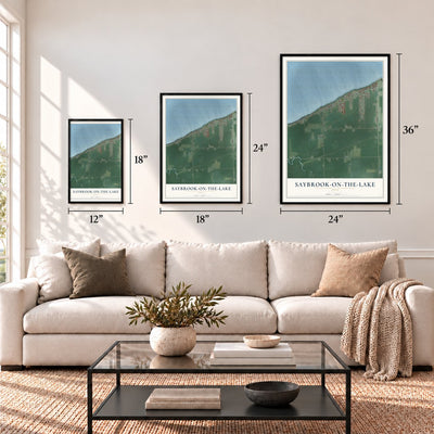 Saybrook-on-the-Lake, Ohio map in 12 x 18, 18 x 24 and 24 x 36 inch sizes above a sofa