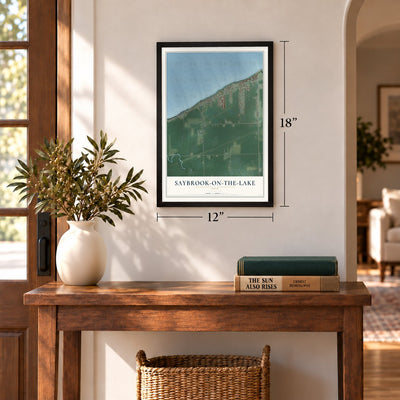 Saybrook-on-the-Lake, Ohio map, 12 x 18 inch print in a black frame in an entryway