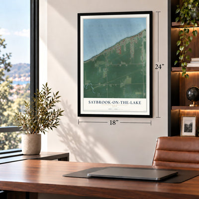 Saybrook-on-the-Lake, Ohio map, 18 x 24 inch print in a black frame in a home office