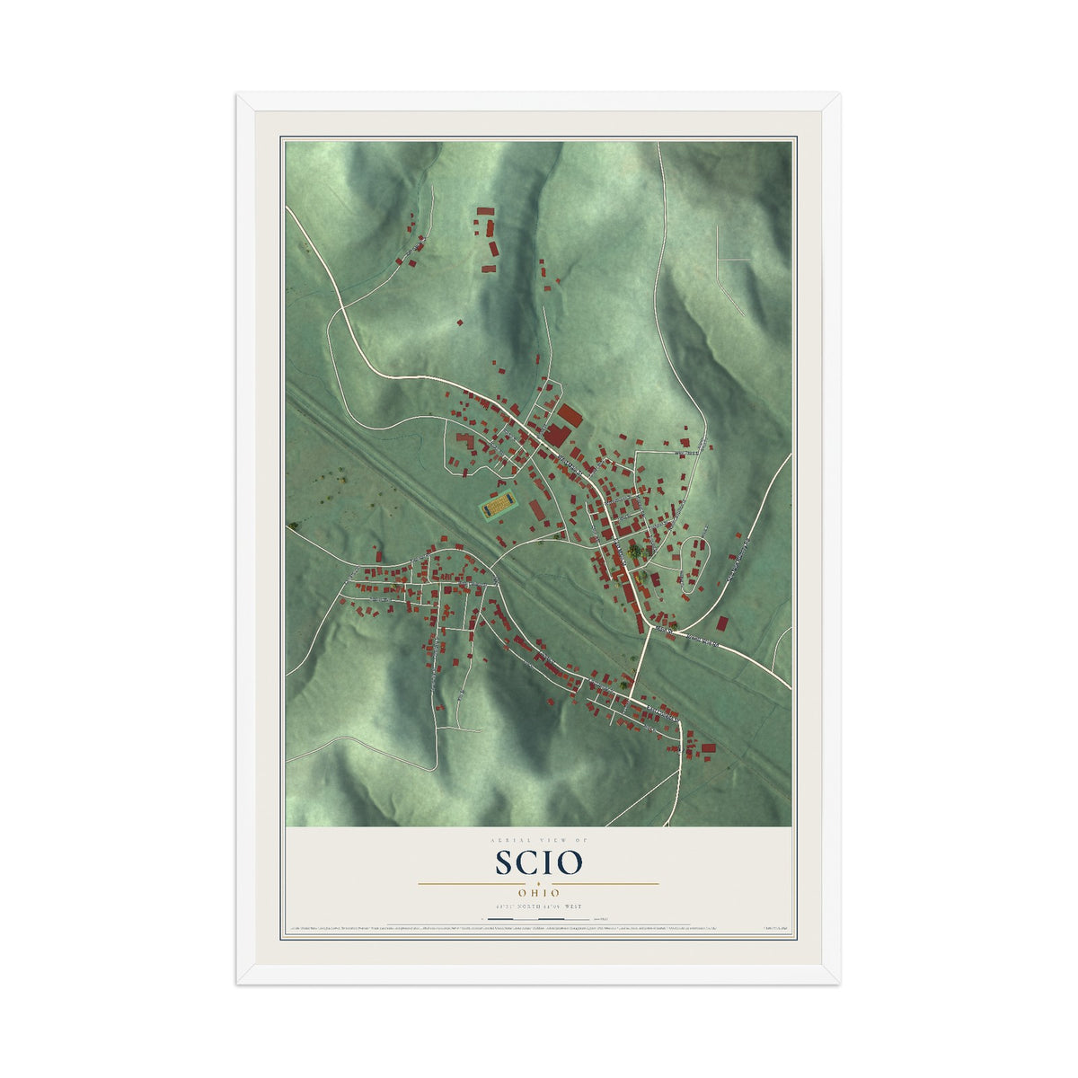 Map of Scio, Ohio, 12 x 18 inch print in a white wood frame