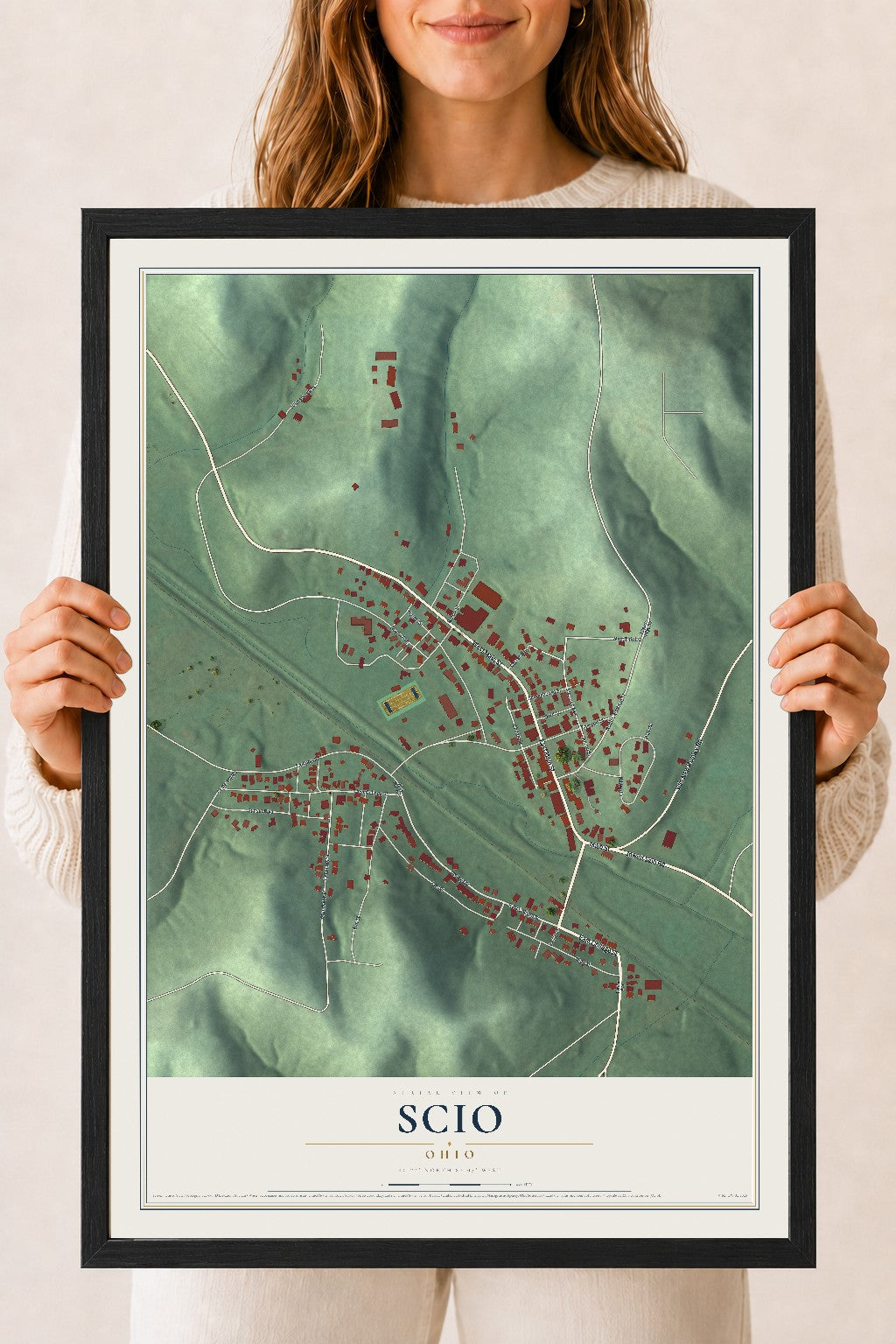 Map of Scio, Ohio, 18 x 24 inch print in a black wood frame