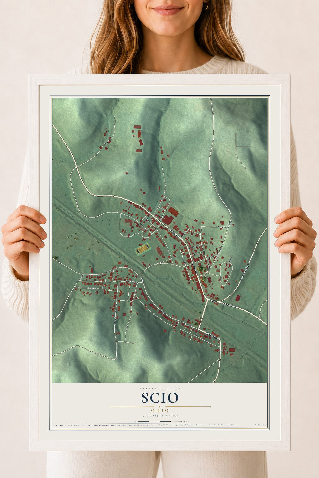 Map of Scio, Ohio, 18 x 24 inch print in a white wood frame